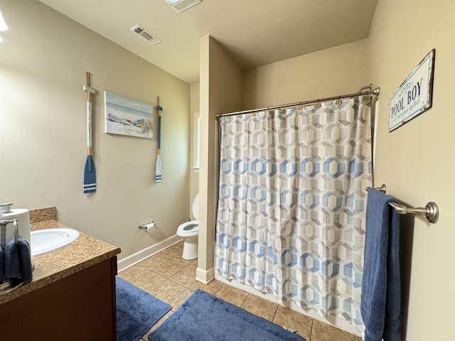 bathroom with visible vents, curtained shower, tile patterned floors, vanity, and toilet