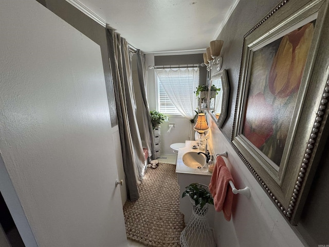 bathroom featuring crown molding and vanity