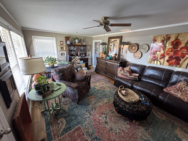living room with crown molding, a ceiling fan, and wood finished floors