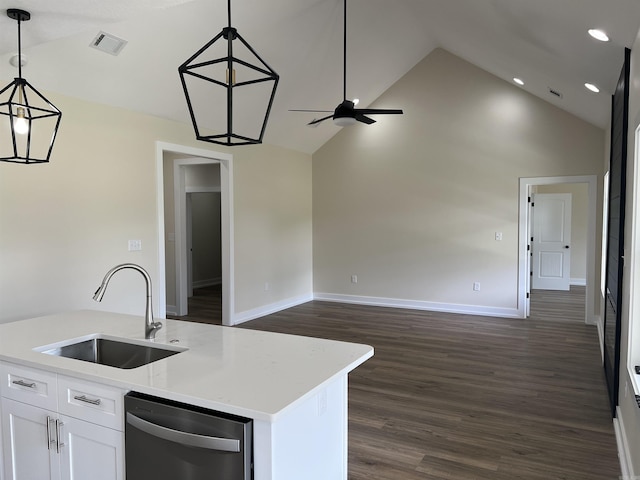 kitchen with visible vents, stainless steel dishwasher, a sink, open floor plan, and white cabinetry