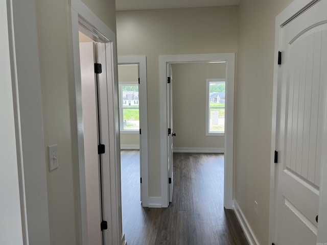 corridor featuring dark wood-style flooring, baseboards, and a healthy amount of sunlight