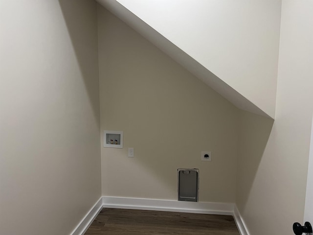 laundry area with washer hookup, hookup for an electric dryer, laundry area, baseboards, and dark wood-style floors