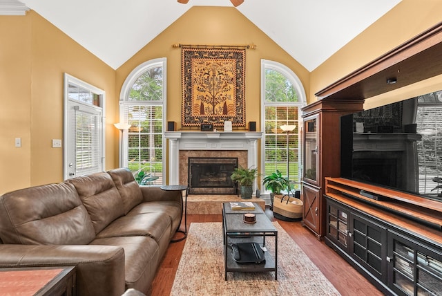 living area with ceiling fan, wood finished floors, a fireplace, and high vaulted ceiling