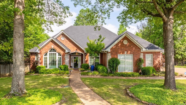 ranch-style home with fence, a shingled roof, a front lawn, and brick siding