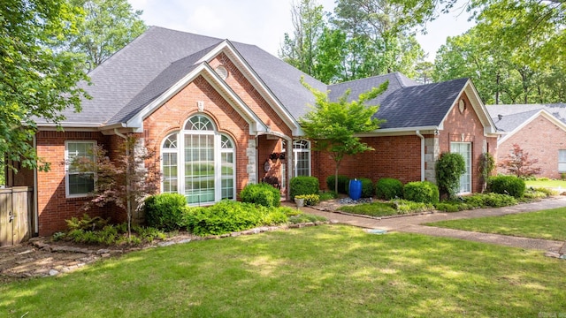 ranch-style house featuring roof with shingles, a front yard, and brick siding