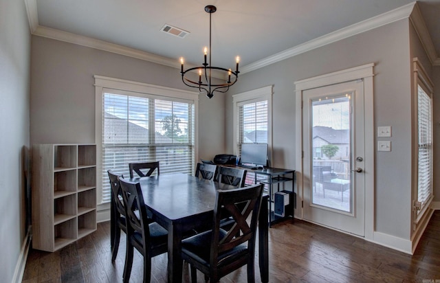 10 Luke Ct, Maumelle, AR 72113 - dining area featuring a chandelier, dark wood finished floors, baseboards, visible vents, and ornamental molding