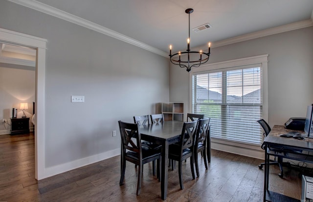 10 Luke Ct, Maumelle, AR 72113 - dining area featuring visible vents, ornamental molding, an inviting chandelier, baseboards, and dark wood finished floors