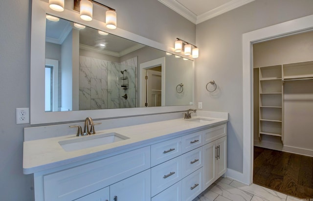 10 Luke Ct, Maumelle, AR 72113 - bathroom with crown molding, a sink, marble finish floor, and tiled shower