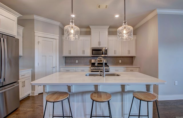 10 Luke Ct, Maumelle, AR 72113 - kitchen featuring crown molding, a sink, decorative backsplash, and stainless steel appliances