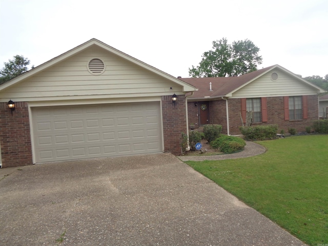 ranch-style home featuring concrete driveway, brick siding, a front yard, and a garage
