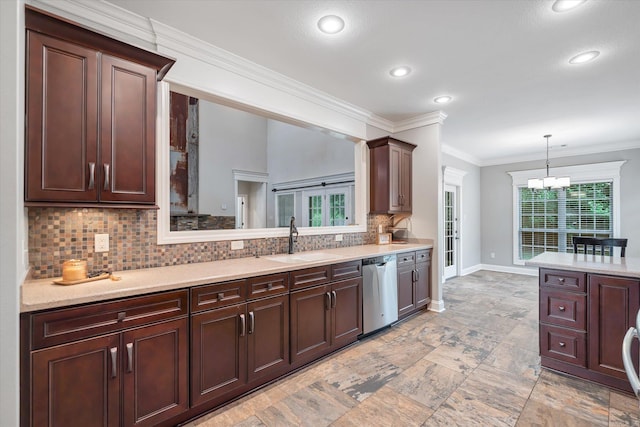 5485 Viney Creek Ln, Jonesboro, AR 72404 - kitchen featuring stainless steel dishwasher, a sink, baseboards, decorative backsplash, and a chandelier