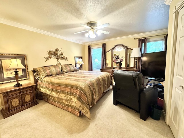 bedroom with light colored carpet, multiple windows, and ornamental molding
