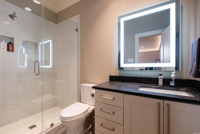 16920 Valley Falls Dr, Little Rock, AR 72223 - bathroom featuring vanity, ornamental molding, a stall shower, and toilet