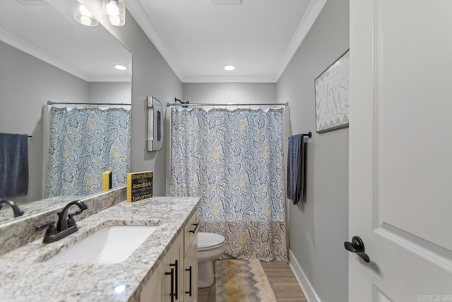 full bath with vanity, toilet, a shower with shower curtain, wood finished floors, and ornamental molding