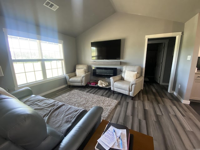 92 Revas Way, Story, AR 71970 - living room with visible vents, baseboards, dark wood-style flooring, and lofted ceiling