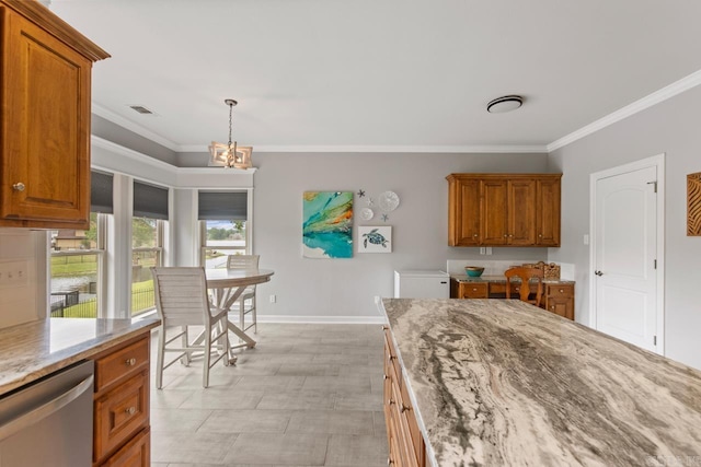 kitchen featuring baseboards, light stone countertops, ornamental molding, and dishwasher