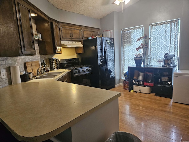 kitchen featuring under cabinet range hood, light wood finished floors, a sink, dark brown cabinetry, and black appliances