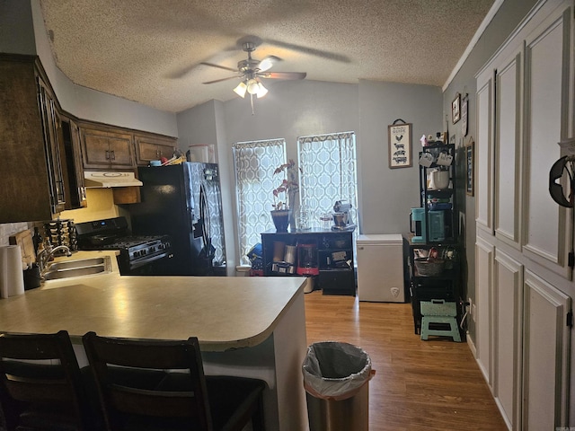 kitchen featuring a sink, black appliances, under cabinet range hood, ceiling fan, and dark brown cabinets