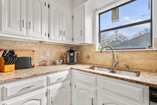 203 Stearns Pt Unit B6, Lake Hamilton, AR 71913 - kitchen featuring a sink, white cabinets, light stone countertops, and tasteful backsplash