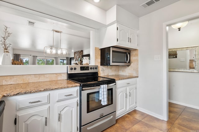 203 Stearns Pt Unit B6, Lake Hamilton, AR 71913 - kitchen featuring backsplash, visible vents, appliances with stainless steel finishes, light tile patterned floors, and white cabinets