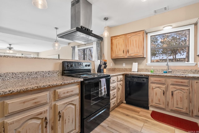 203 Stearns Pt Unit D1, Lake Hamilton, AR 71913 - kitchen with light brown cabinetry, a sink, island exhaust hood, visible vents, and black appliances