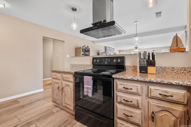 203 Stearns Pt Unit D1, Lake Hamilton, AR 71913 - kitchen featuring light wood finished floors, black electric range, baseboards, island exhaust hood, and visible vents