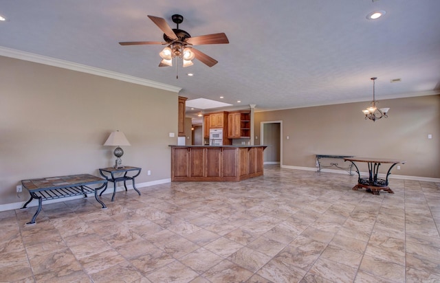 kitchen with crown molding, open shelves, brown cabinetry, and baseboards