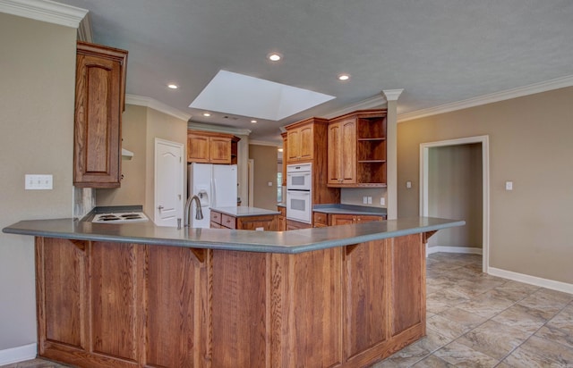 kitchen featuring open shelves, white appliances, a peninsula, baseboards, and ornamental molding