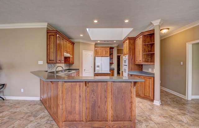 kitchen featuring white appliances, a peninsula, open shelves, and crown molding