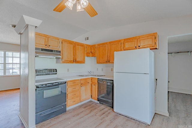 3210 Kingsbury St, Jonesboro, AR 72401 - kitchen with range with electric cooktop, light brown cabinetry, freestanding refrigerator, under cabinet range hood, and black dishwasher