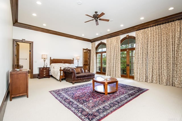 carpeted bedroom with ornamental molding, access to outside, baseboards, and recessed lighting