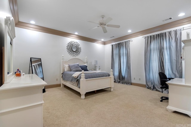 bedroom featuring light colored carpet, ornamental molding, and visible vents