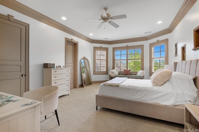 bedroom featuring light colored carpet, ornamental molding, visible vents, recessed lighting, and ceiling fan