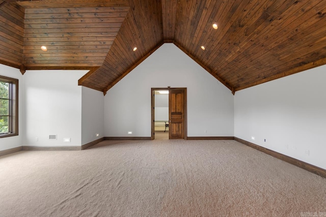 bonus room with wooden ceiling, vaulted ceiling, carpet floors, and baseboards
