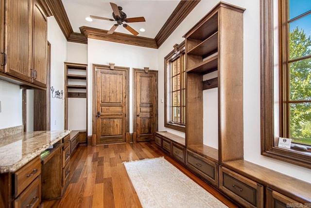 mudroom featuring crown molding, a wealth of natural light, a ceiling fan, and dark wood-style flooring