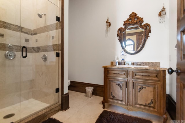 bathroom featuring vanity, tile patterned flooring, a stall shower, and toilet