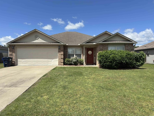 ranch-style house with concrete driveway, brick siding, an attached garage, and a front lawn