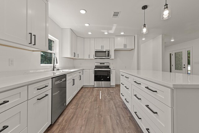 kitchen featuring wood finished floors, a sink, stainless steel appliances, visible vents, and recessed lighting