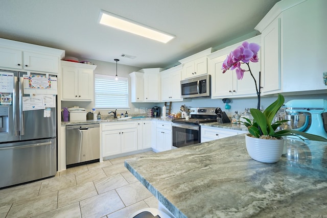 kitchen featuring a sink, stainless steel appliances, visible vents, and white cabinets