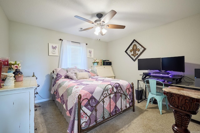 bedroom featuring light carpet and a ceiling fan