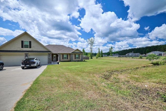 view of front facade featuring an attached garage, driveway, a front yard, brick siding, and roof with shingles