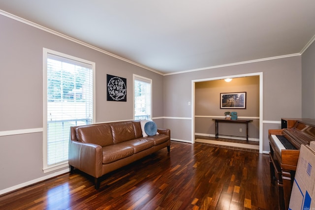 living room featuring crown molding, wood finished floors, and baseboards
