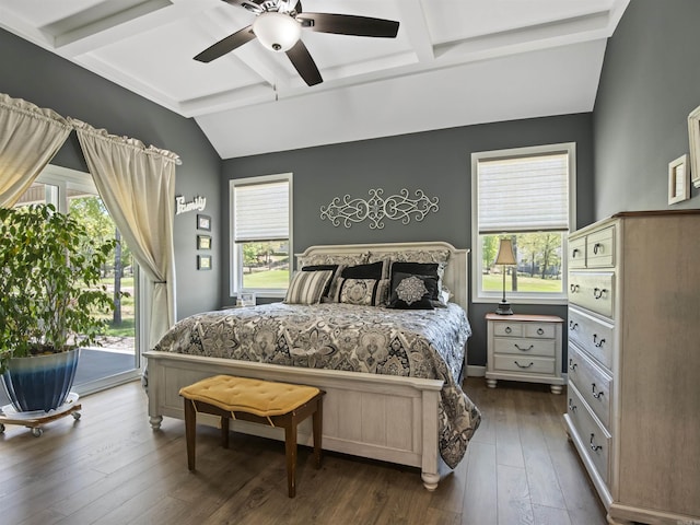 bedroom with dark wood finished floors, access to outside, a ceiling fan, and vaulted ceiling with beams