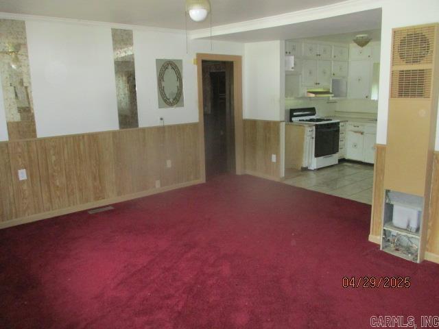 carpeted empty room with a heating unit, crown molding, wooden walls, and wainscoting