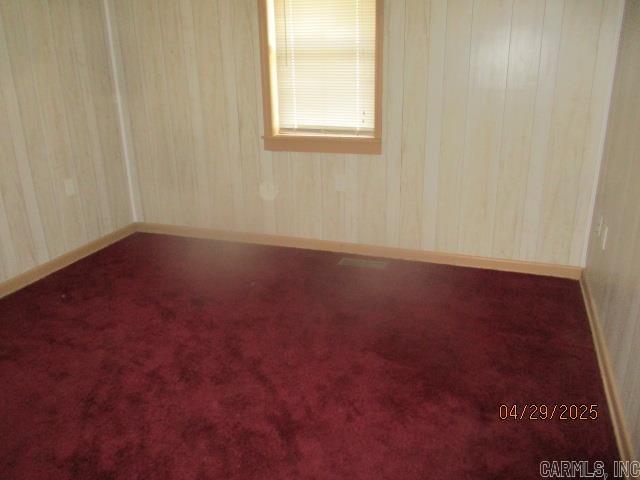 unfurnished room with wooden walls, baseboards, and carpet floors