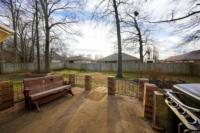 view of patio featuring a fenced backyard and area for grilling