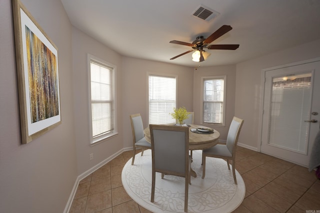 dining area featuring baseboards, light tile patterned floors, and visible vents