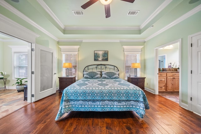 199 Gleneagle Loop, Hot Springs, AR 71913 - bedroom with crown molding, hardwood / wood-style flooring, visible vents, and a raised ceiling