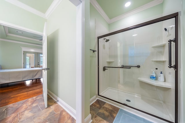 199 Gleneagle Loop, Hot Springs, AR 71913 - full bath with stone tile flooring, baseboards, ornamental molding, a shower stall, and connected bathroom