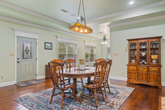 199 Gleneagle Loop, Hot Springs, AR 71913 - dining area with visible vents, crown molding, a ceiling fan, dark wood-style floors, and baseboards